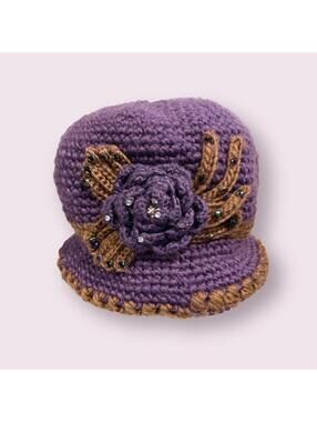 Chunky Rhinestone Knit Bucket Hat Purple withKnit Flower Knit Small/Medium